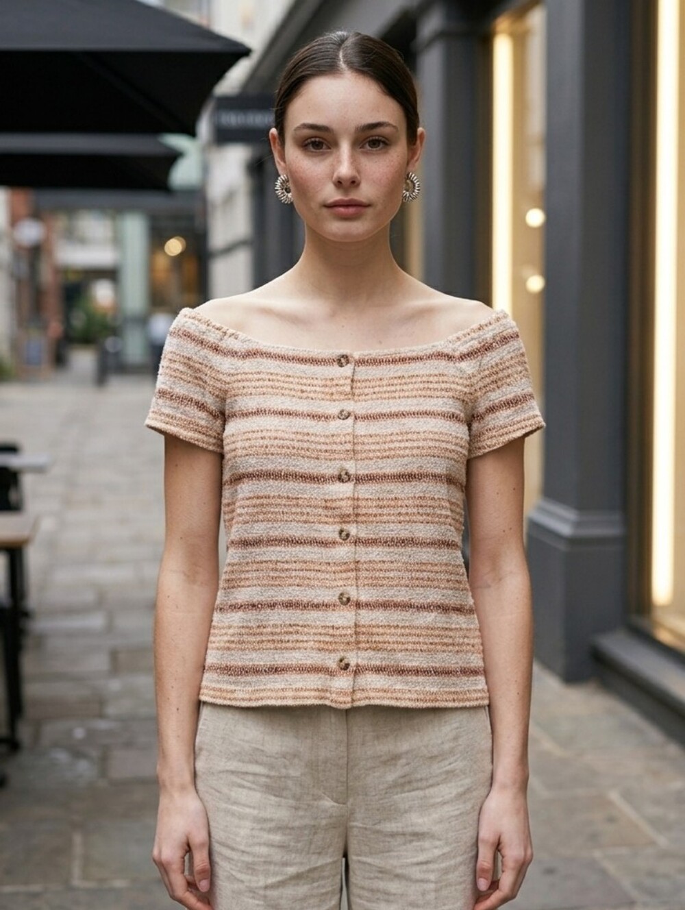 Madewell Peach, Cream & Brown Striped Knit Top